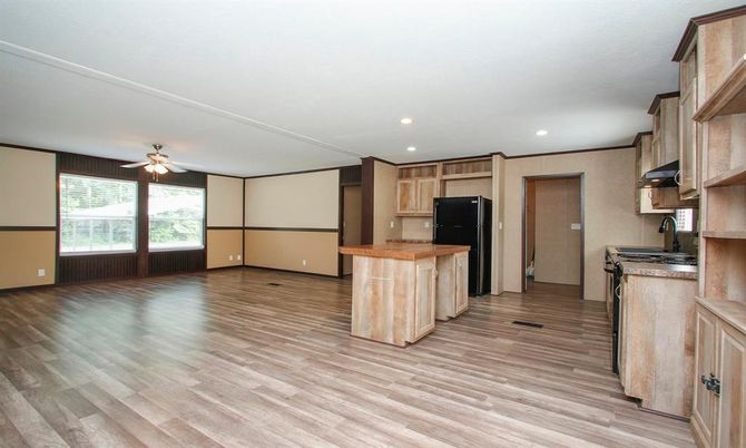Empty room, Interior, Kitchen, Recessed Lighting, Wood Texture Flooring