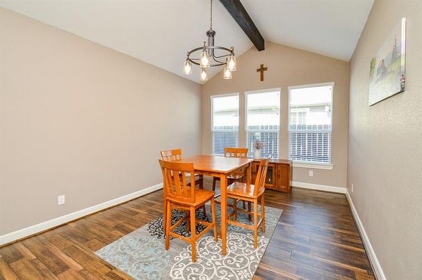 Dining room, Interior, Pendant Lights, Wooden Beams, Wood Texture Flooring