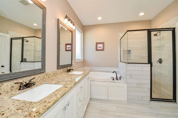 Bathroom, Dual Sink Vanities, Glass Shower, Interior, Recessed Lighting, Wood Texture Flooring
