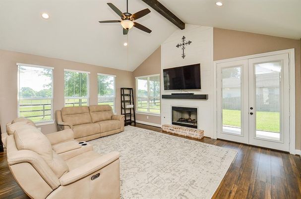 Fireplace, Interior, Living room, Recessed Lighting, Wooden Beams, Wood Texture Flooring