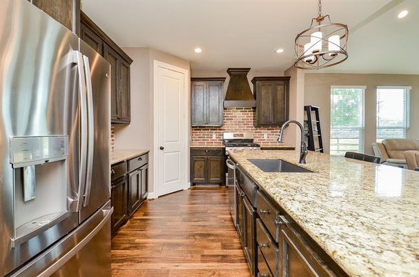 Chandelier, Interior, Kitchen, Pendant Lights, Recessed Lighting, Stainless Steel Appliances, Wood Texture Flooring