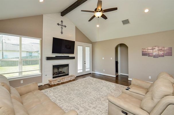 Fireplace, Interior, Living room, Recessed Lighting, Wooden Beams, Wood Texture Flooring