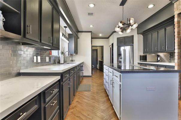 Interior, Kitchen, Pendant Lights, Recessed Lighting, Stainless Steel Appliances, Wood Texture Flooring