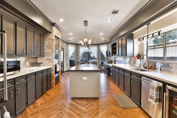 Interior, Kitchen, Pendant Lights, Recessed Lighting, Stainless Steel Appliances, Wood Texture Flooring