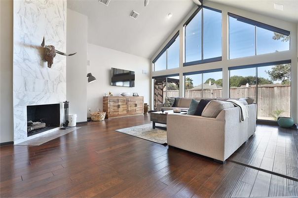 Fireplace, Interior, Living room, Marble Walls, Wood Texture Flooring