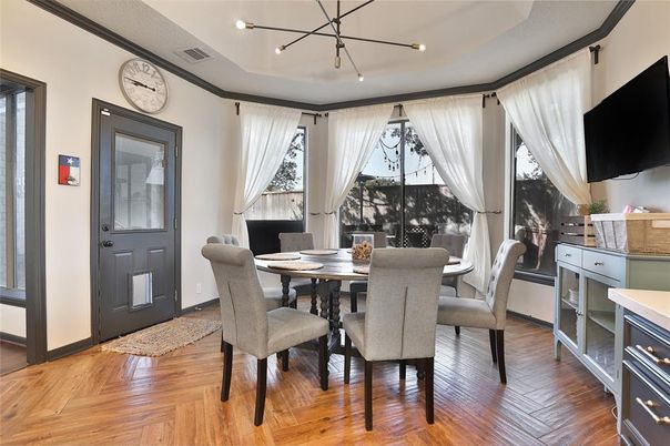 Dining room, Interior, Pendant Lights, Wood Texture Flooring