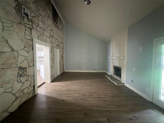 Empty room, Fireplace, Interior, Stone Walls, Wood Texture Flooring