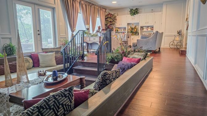 Interior, Living room, Recessed Lighting, Wood Texture Flooring