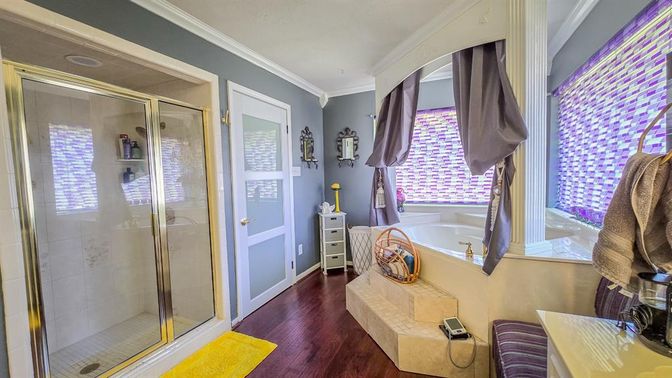Bathroom, Glass Shower, Interior, Wood Texture Flooring