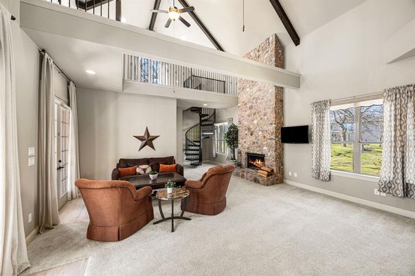 Fireplace, Interior, Living room, Recessed Lighting, Stone Walls, Wooden Beams