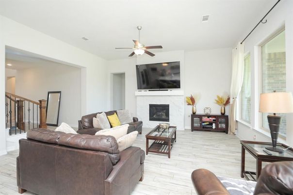 Fireplace, Interior, Living room, Recessed Lighting, Wood Texture Flooring