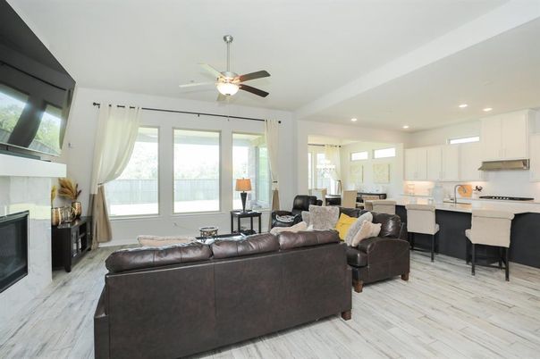 Fireplace, Interior, Kitchen, Living room, Pendant Lights, Recessed Lighting, Wood Texture Flooring