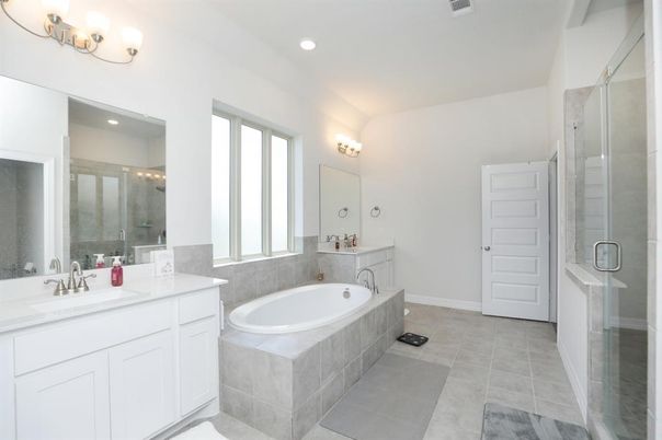 Bathroom, Dual Sink Vanities, Glass Shower, Interior, Recessed Lighting