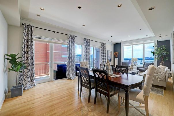 Dining room, Interior, Living room, Recessed Lighting, Water, Wood Texture Flooring