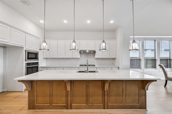 Interior, Kitchen, Pendant Lights, Recessed Lighting, Stainless Steel Appliances, Wood Texture Flooring