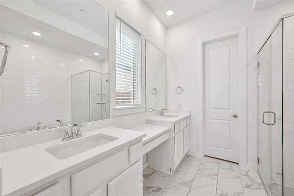 Bathroom, Dual Sink Vanities, Glass Shower, Interior, Marble, Recessed Lighting