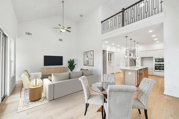 Dining room, Interior, Kitchen, Living room, Pendant Lights, Recessed Lighting, Stainless Steel Appliances, Wood Texture Flooring