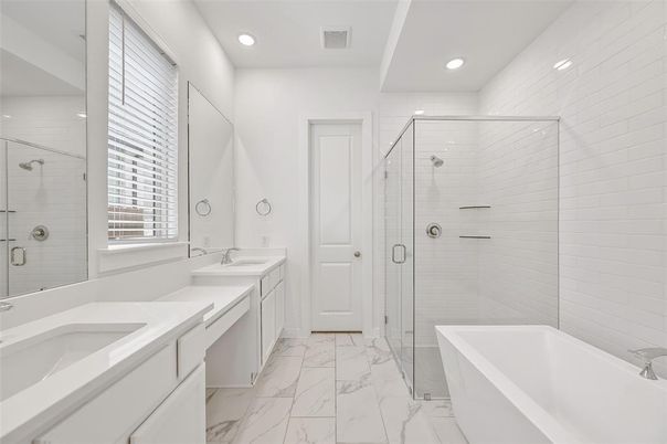 Bathroom, Dual Sink Vanities, Free Standing Baths, Glass Shower, Interior, Marble, Recessed Lighting