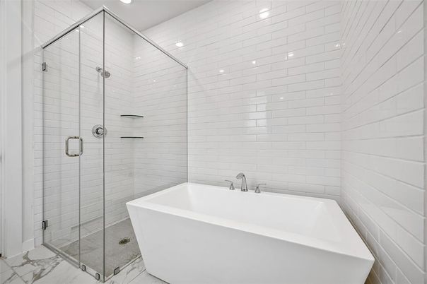 Bathroom, Free Standing Baths, Glass Shower, Interior, Marble, Recessed Lighting