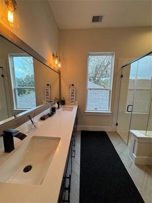 Bathroom, Dual Sink Vanities, Glass Shower, Interior, Wood Texture Flooring