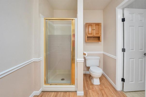 Bathroom, Glass Shower, Interior, Wood Texture Flooring