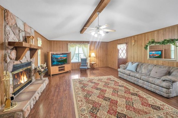 Fireplace, Interior, Living room, Stone Walls, Wooden Beams, Wood Texture Flooring, Wooden Walls