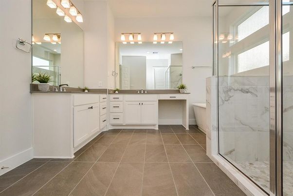 Bathroom, Dual Sink Vanities, Glass Shower, Interior, Marble Walls