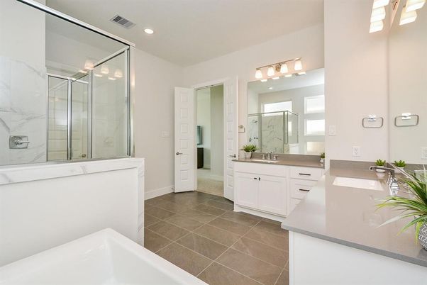 Bathroom, Dual Sink Vanities, Glass Shower, Interior, Marble Walls, Recessed Lighting
