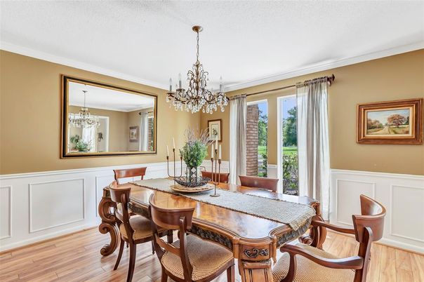 Chandelier, Dining room, Interior, Wood Texture Flooring