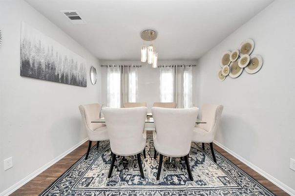 Dining room, Interior, Pendant Lights, Wood Texture Flooring