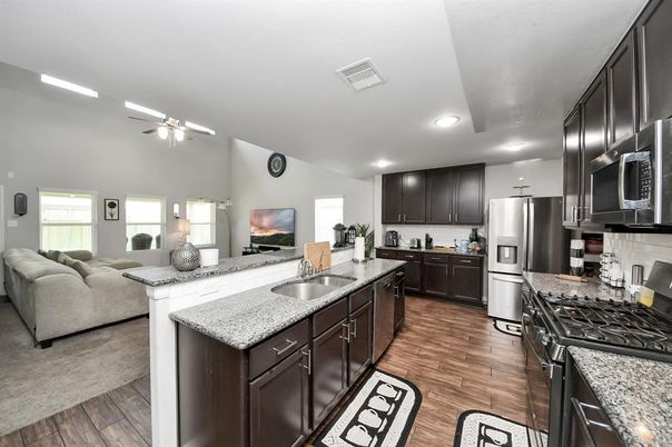 Interior, Kitchen, Living room, Recessed Lighting, Stainless Steel Appliances, Wood Texture Flooring