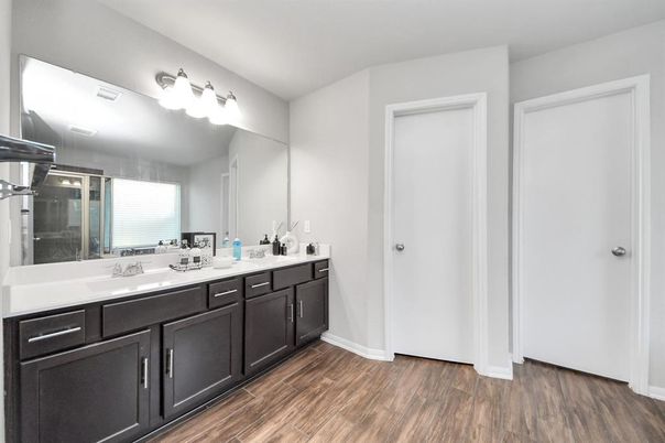 Bathroom, Dual Sink Vanities, Interior, Wood Texture Flooring