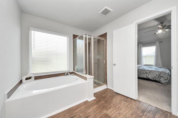 Bathroom, Bedroom, Glass Shower, Interior, Wood Texture Flooring