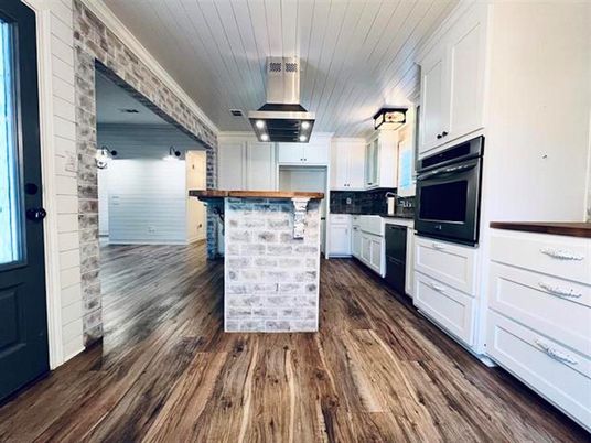 Interior, Kitchen, Pendant Lights, Stone Walls, Wood Texture Flooring