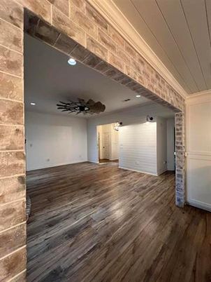 Empty room, Interior, Recessed Lighting, Stone Walls, Wood Texture Flooring