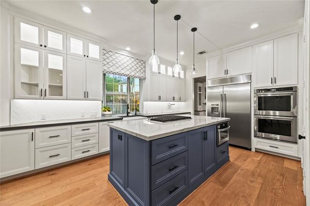 Interior, Kitchen, Pendant Lights, Recessed Lighting, Stainless Steel Appliances, Wood Texture Flooring