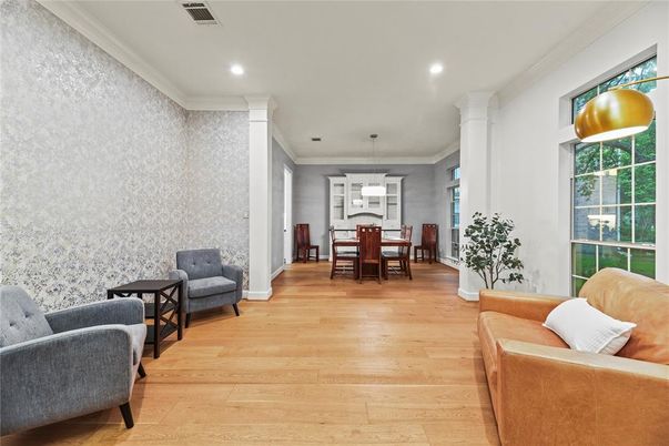 Dining room, Interior, Living room, Pendant Lights, Recessed Lighting, Wood Texture Flooring