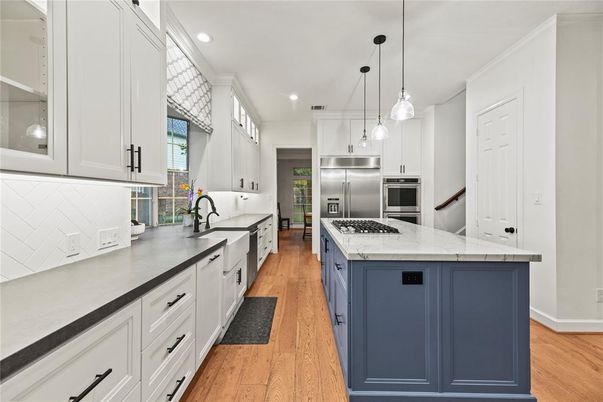 Interior, Kitchen, Pendant Lights, Recessed Lighting, Stainless Steel Appliances, Wood Texture Flooring