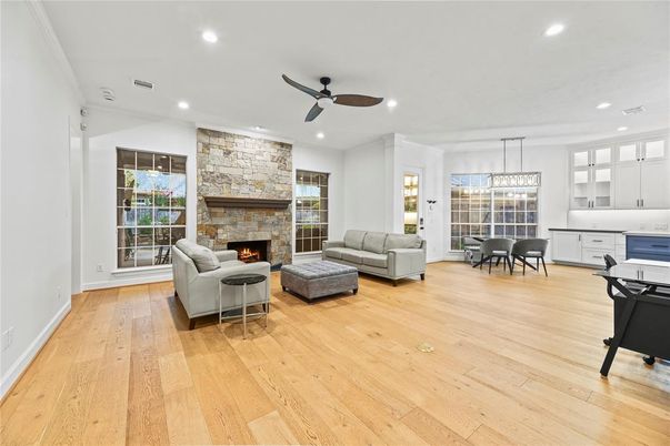Dining room, Fireplace, Interior, Kitchen, Living room, Pendant Lights, Recessed Lighting, Stone Walls, Wood Texture Flooring