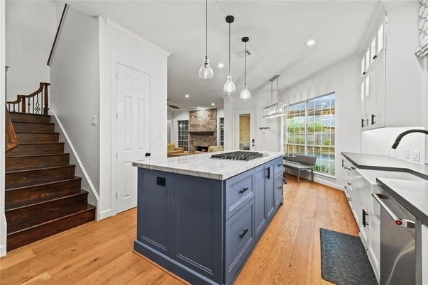 Interior, Kitchen, Pendant Lights, Recessed Lighting, Stainless Steel Appliances, Wood Texture Flooring