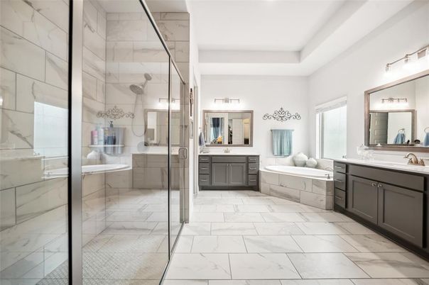 Bathroom, Dual Sink Vanities, Glass Shower, Interior, Marble, Marble Walls