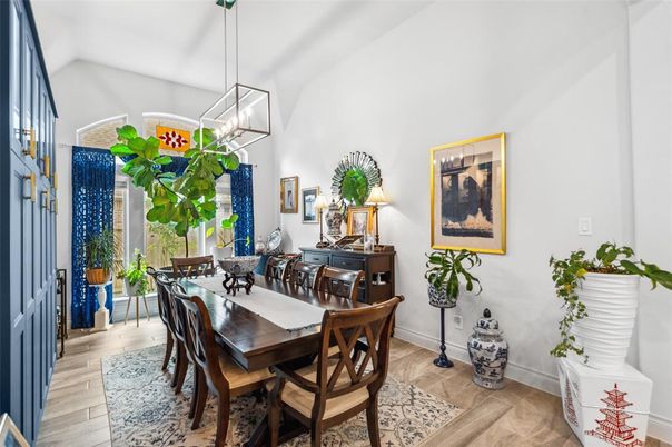 Dining room, Interior, Pendant Lights, Wood Texture Flooring