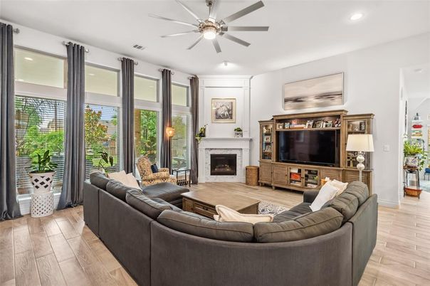 Fireplace, Interior, Living room, Recessed Lighting, Wood Texture Flooring