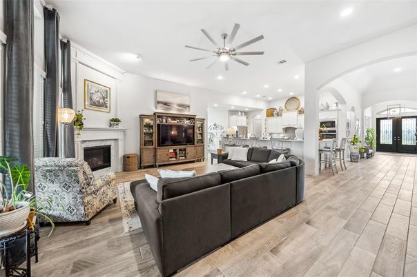 Fireplace, Interior, Kitchen, Living room, Recessed Lighting, Wood Texture Flooring