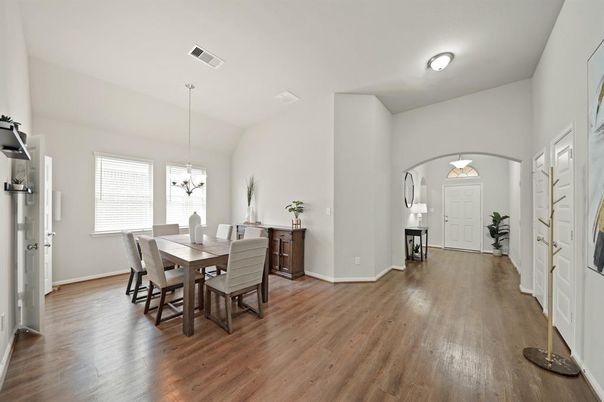 Chandelier, Dining room, Interior, Pendant Lights, Wood Texture Flooring