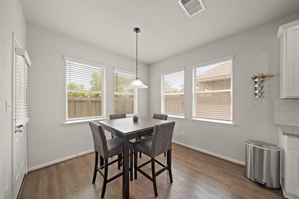 Dining room, Interior, Pendant Lights, Wood Texture Flooring