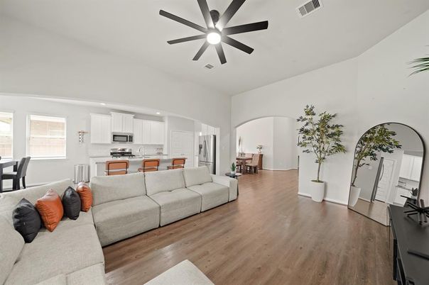 Dining room, Interior, Kitchen, Living room, Recessed Lighting, Stainless Steel Appliances, Wood Texture Flooring