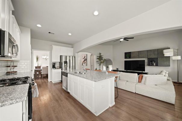 Interior, Kitchen, Living room, Recessed Lighting, Stainless Steel Appliances, Wood Texture Flooring