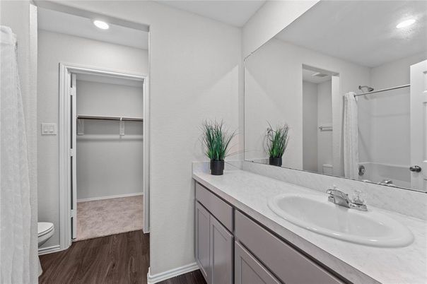 Bathroom, Interior, Recessed Lighting, Walk-in Closets, Wood Texture Flooring