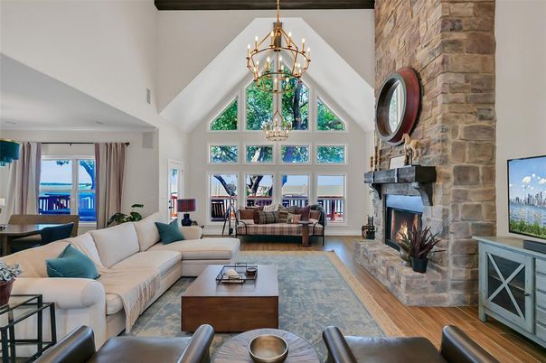 Chandelier, Fireplace, Interior, Living room, Stone Walls, Wooden Beams, Wood Texture Flooring